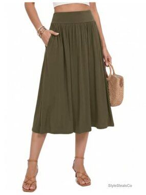 Women's Midi A-Line Skirt Wide Waistband Pull-On with Pockets